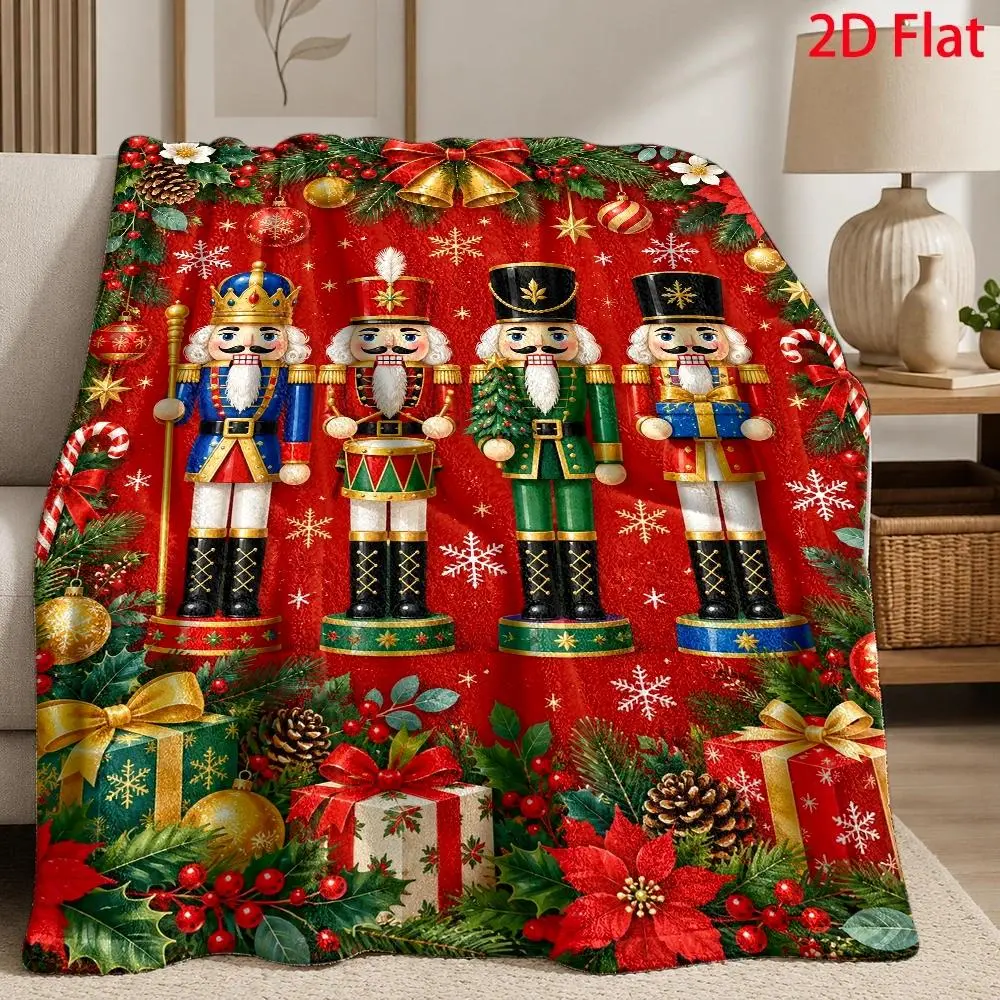 2D Flat, 280Gsm, Flannel Blanket with Christmas Nutcracker Soldier Pattern, Flannel Fleece Blanket with Rustic Farmhouse Nutcracker Illustration, Throw Blanket with Vibrant Red Background And Golden Ornament Details