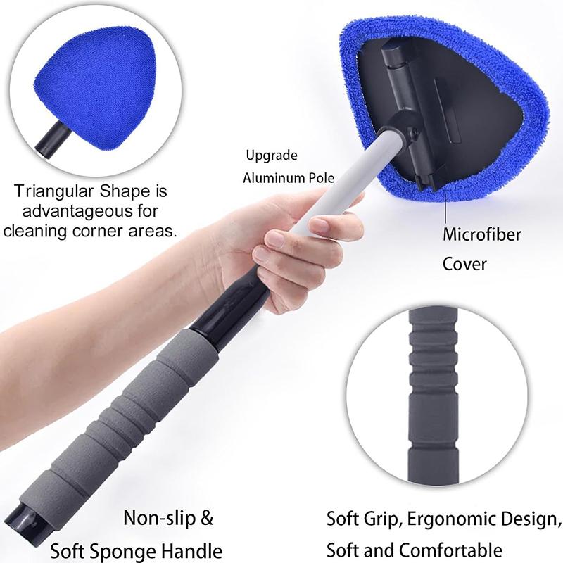 Windshield Cleaning Tool, Microfiber Car Window Cleaner with Extendable Handle, Includes 3 Reusable Washable Microfiber Pads