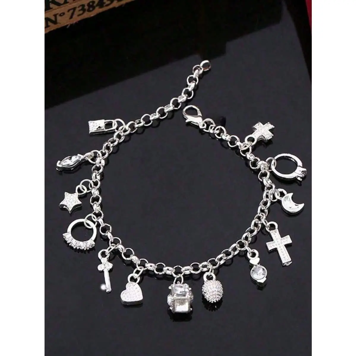 925 Sterling Silver Unisex Multi-Charm Bracelet - Silver Plated Link Chain With Cross, Heart, Moon & Ring Pendants, Sparkling CZ Fashion Jewelry For Daily Wear & Party Gift