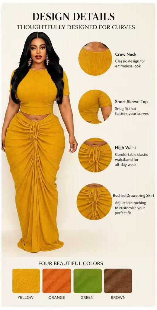 Plus Size Two-Piece Women's Set, Ribbed Short Top & Drawstring Pleated Skirt, Sexy Slim Fit Evening Party Dress, Curvy Friendly Fashion