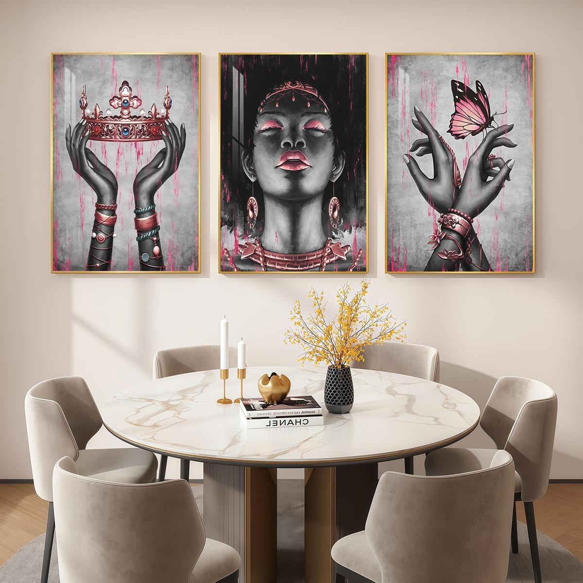 3 Counts Aluminum Alloy Framed Painting, Elegant Black And Pink Crown Butterfly Lady Artwork, Home Decoration For Living Room, Bedroom, Office, Restaurant, Hallway Wall Decor, Odorless Print Artwork, Luxury Perfect Gift For Friends And Family