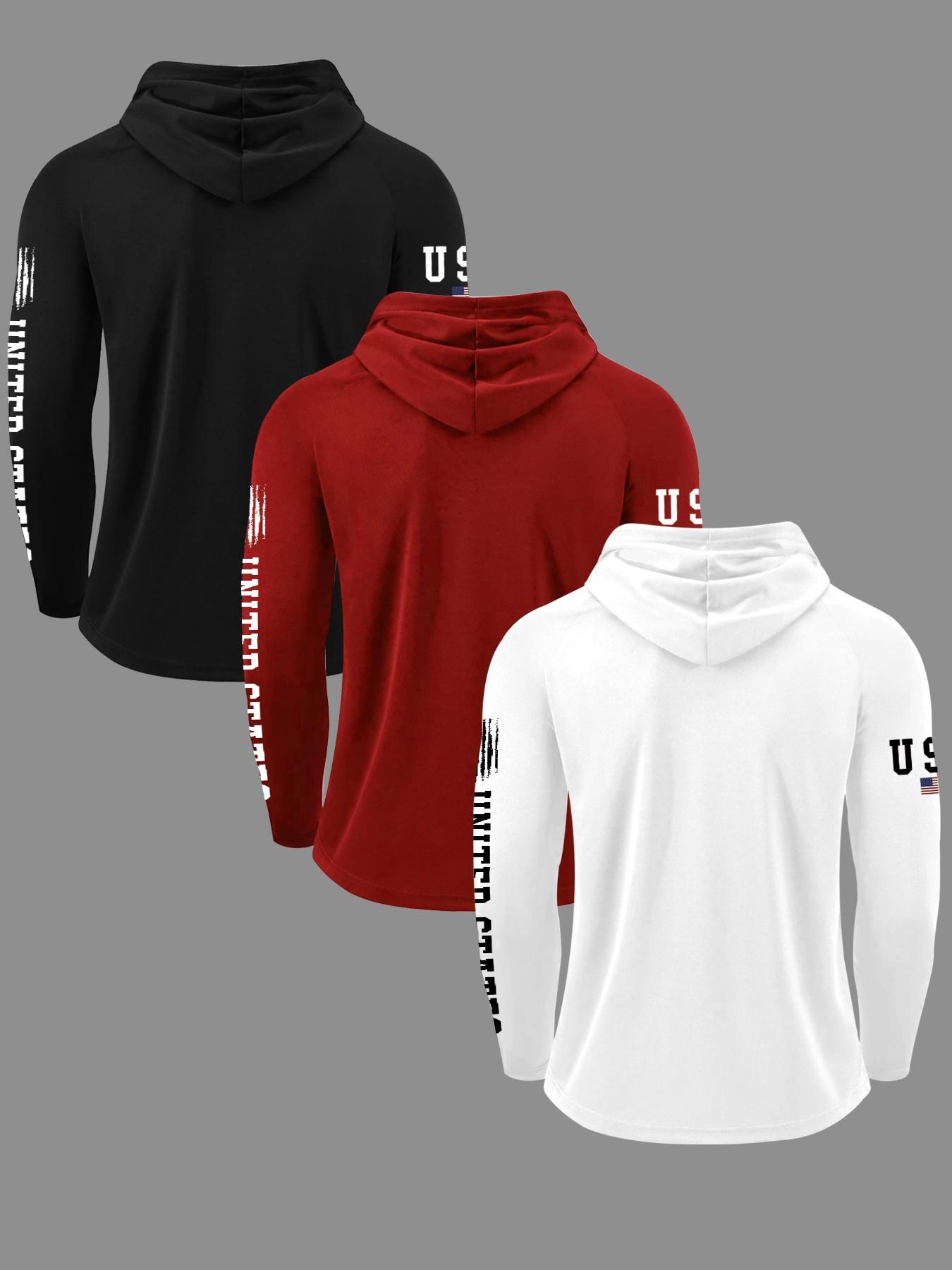 Men's Classic 3-Piece Set Letter Flag Print Hooded Long Sleeve T-Shirt, Casual Fitted Top for Fall & Winter Gym Wear, Athletic Wear, Athletic Style Activewear