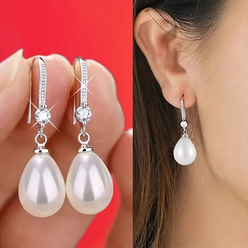 S925 Sterling Silver Pearl Drop Earrings for Women, Sparkling Cubic Zirconia Dangle Earrings, Elegant Faux Pearl Jewelry, Classic Hook Earrings for Wedding, Party & Everyday Wear, Gift for Her