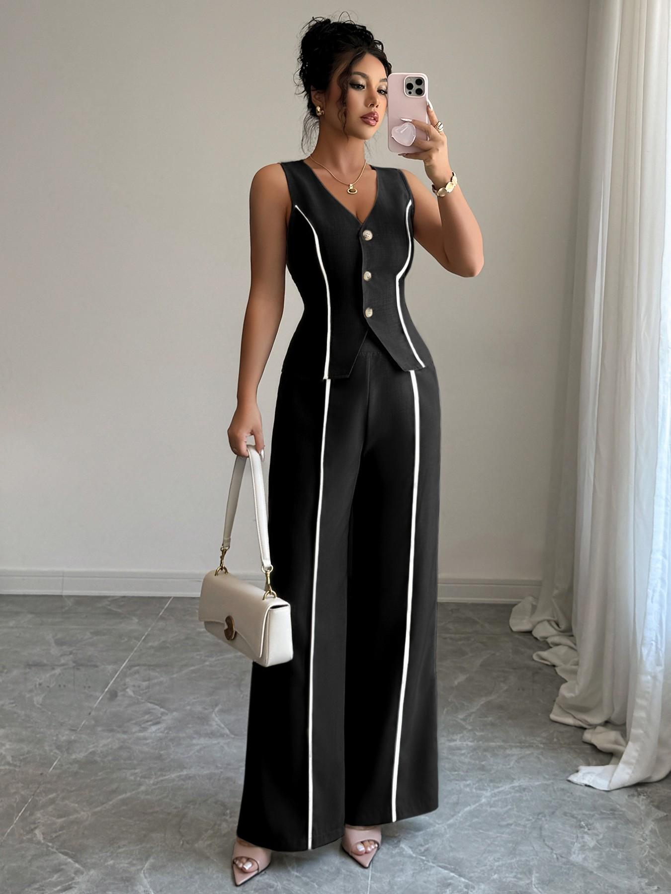 Colorblock V-Neck Sleeveless Vest Set with Wide Leg Pants, Spring & Fall Fashion, Slim Fit, Plain Pattern, Natural Waist