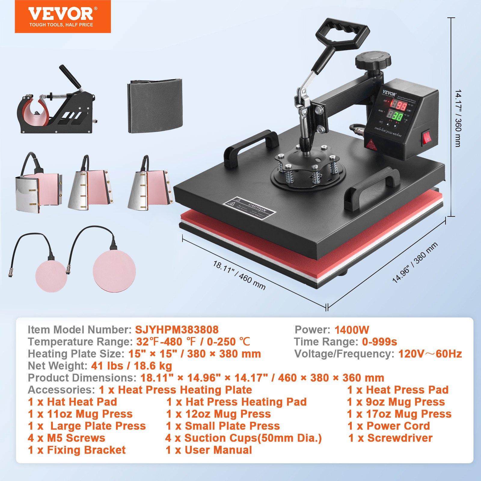VEVOR 8 in 1 Heat Press Machine 15x15 Inch T-Shirt Pressing Machine 360° Swing Away Professional Sublimation Heat Press for Sublimation, Vinyl, Heat Transfer Projects