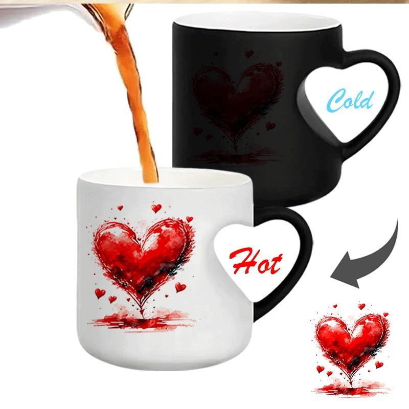 Heart-Shaped Color-Changing Mug - Thermosensitive Ceramic Mug, Changes color when hot drinks are poured in, White body decorated with red heart patterns, Fun gift mug, decorative mug, Novelty coffee mugs, Suitable for tea, cocoa