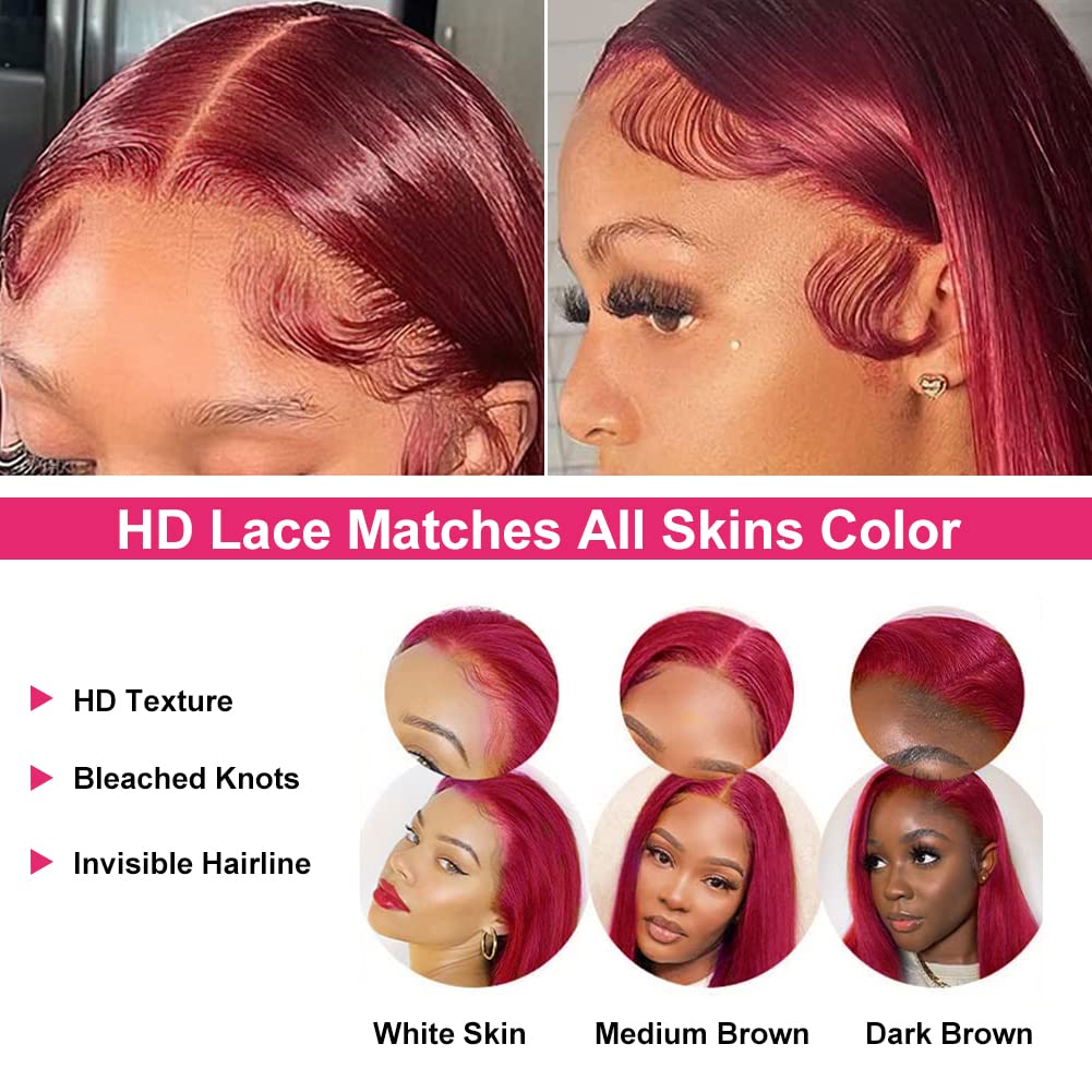 13X4 13x6 HD Burgundy Colored Lace Front Wigs 99j Burgundy Straight Wigs Pre Plucked 180 Density Red Color Wigs for Black Women