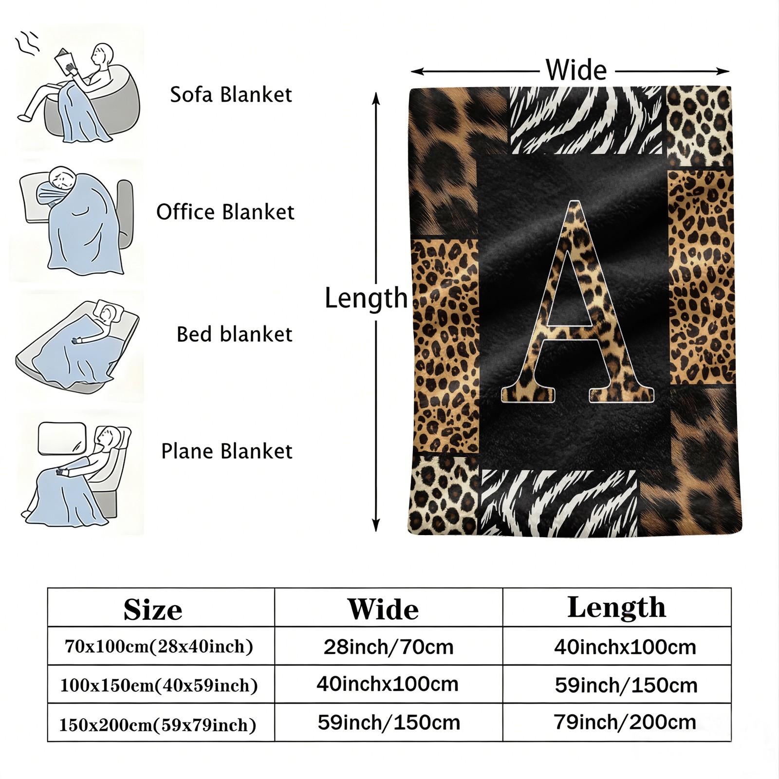 26 Letters Leopard Print Flannel Blanket, Soft & Comfortable, Warm & Breathable, Perfect for Couch Bed Recliner, Stylish Alphabet Printed Flannel Throw, Suitable for Bedroom Living Room Dorm, All-Season Cozy Gift Blanket