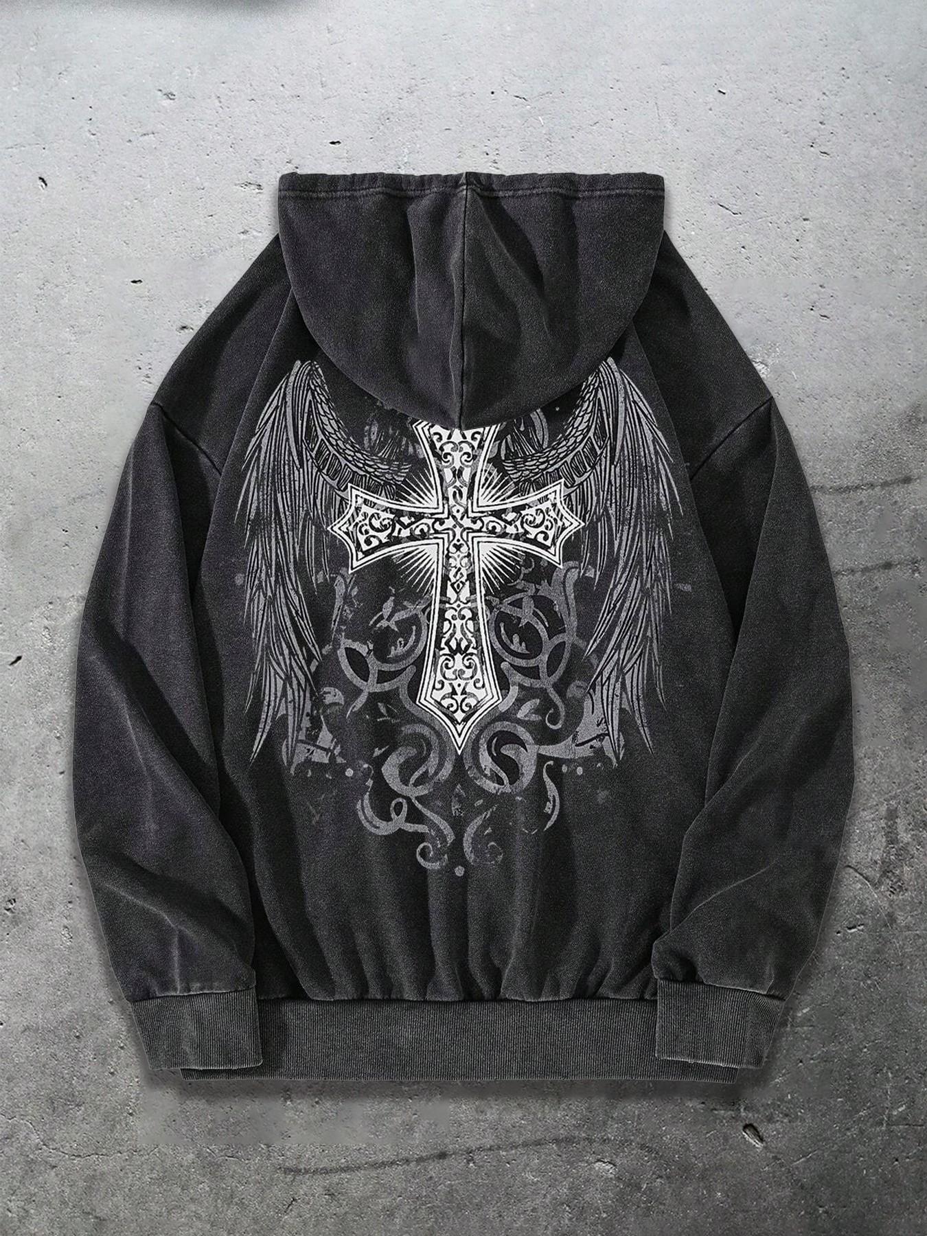 Oversized Vintage Washed Graphic Hoodie – Gothic Cross & Wings Print, Soft & Warm for Daily Wear, Concerts & Street Style Looks | Trendy Grunge Aesthetic Top