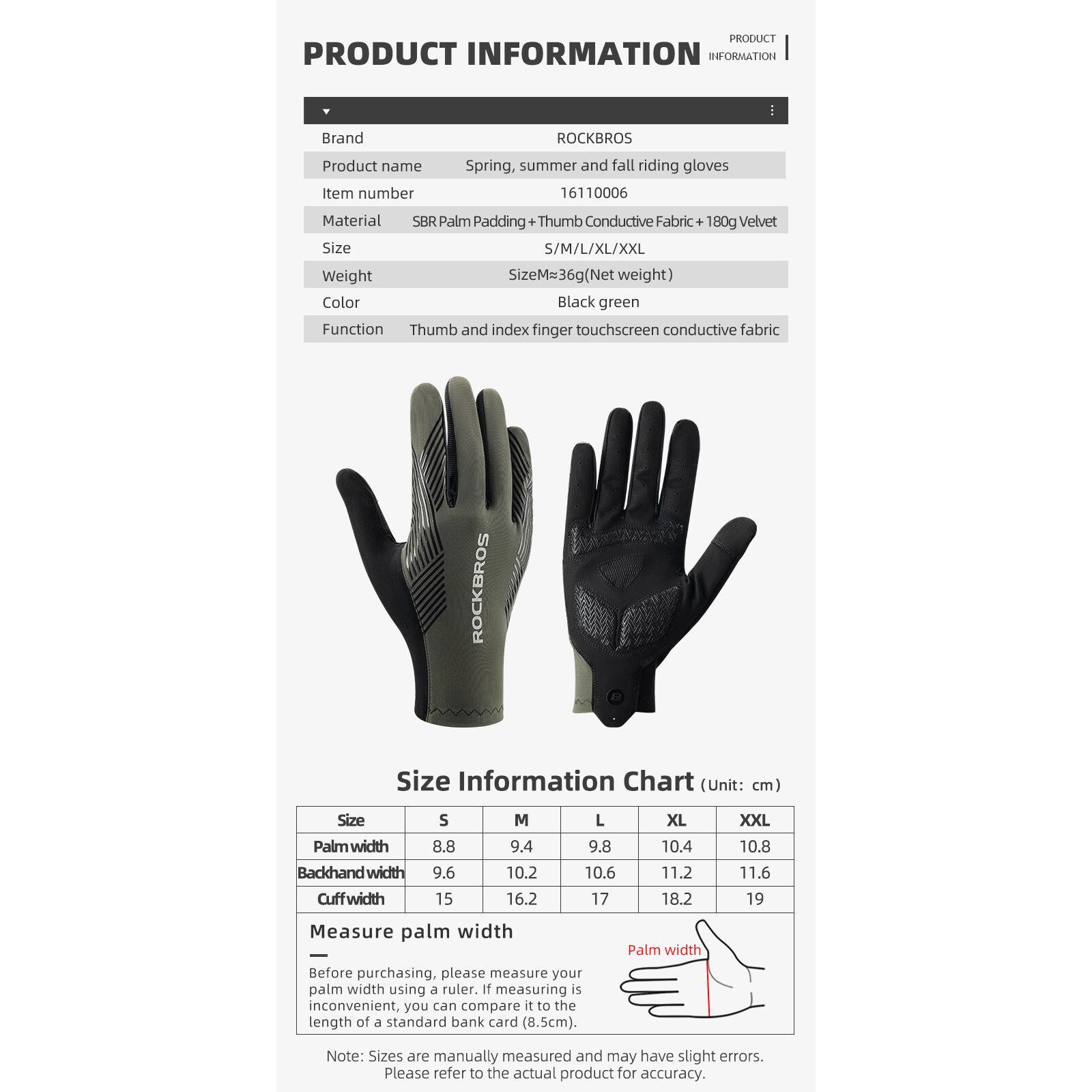 ROCKBROS Cycling Gloves Mountain Bike Gloves Anti-Slip Full Finger Bike Gloves SBR Pad Shock-Absorbing MTB Road Bike Gloves for Riding Running Hiking Outdoor Sports