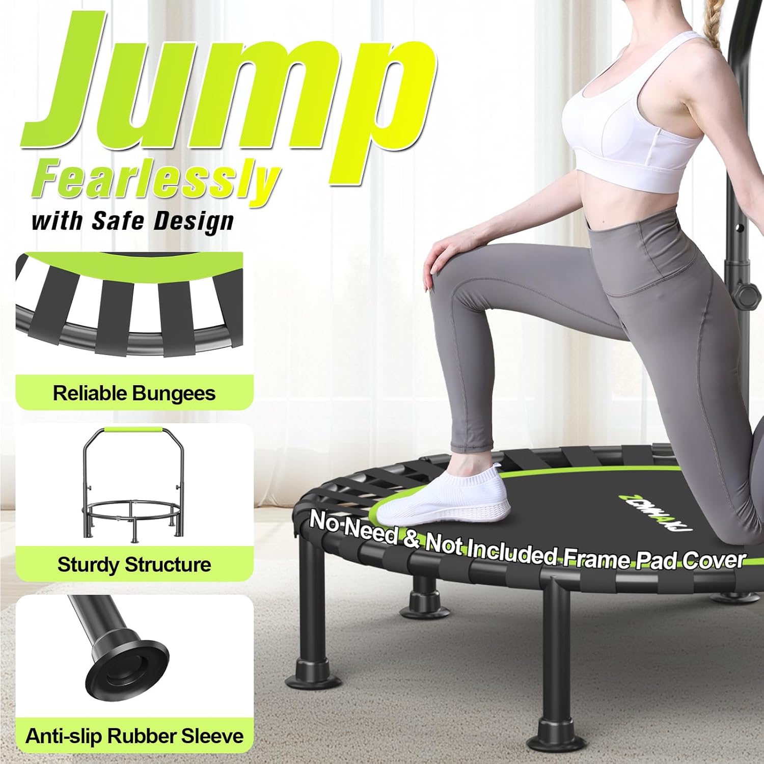 Foldable Mini Trampoline, 40"/48" Rebounder Trampoline for Adults & , 450lbs Capacity with U-Shaped Adjustable Bar, Indoor Fitness Workout Exercise Equipment