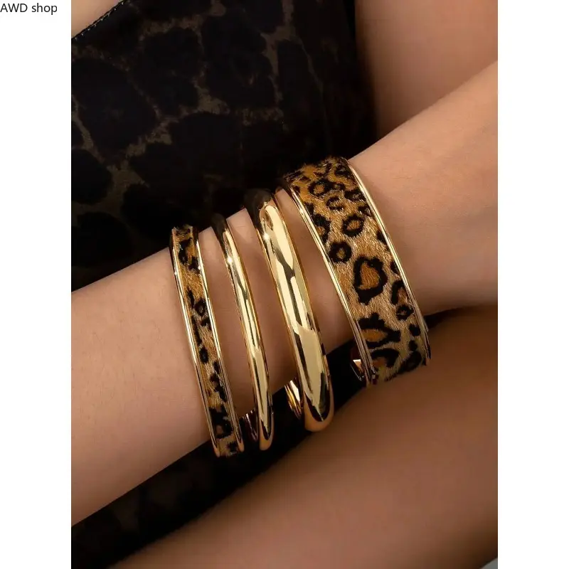 4-Piece Golden & Leopard Bracelet Set for Women, Mixed Stackable Bangles & Cuff, Polished Gold Tone Trendy Stacked Design Bracelets for Daily Wear, Trendy Jewellery Accessories