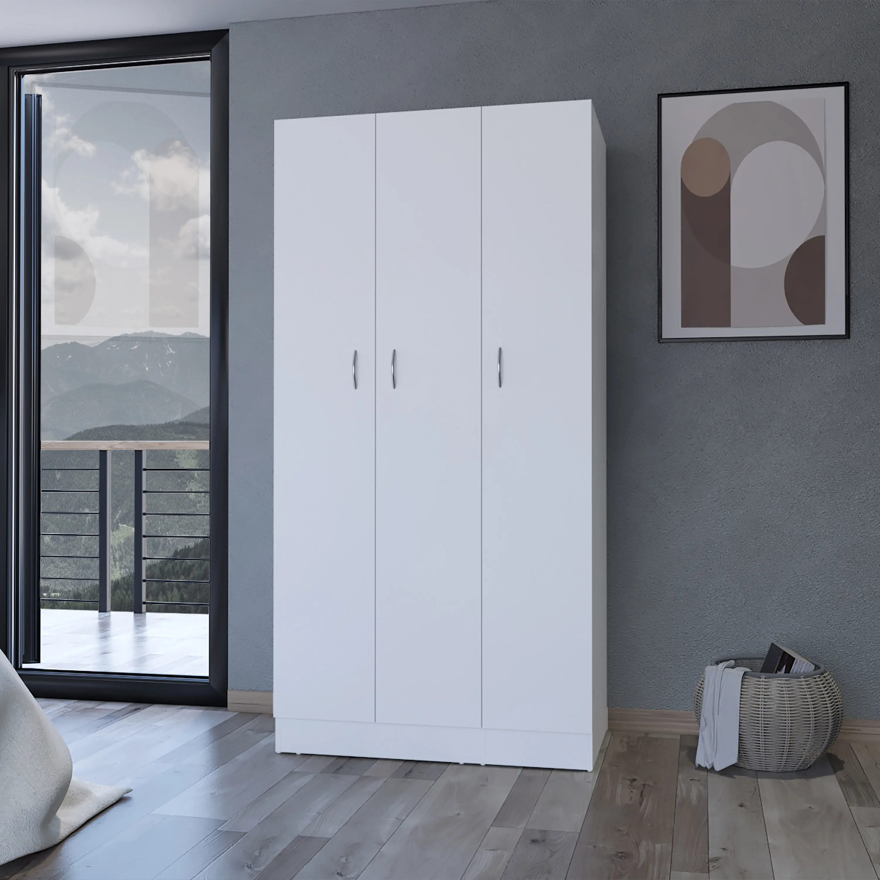 Nokaa Casper Wardrobe Closet with 3 Doors, 2 Drawers, Hanging Rod & 4 Shelves, Particle Board Bedroom Armoire Storage Cabinet for Clothes, Compact Design, White, 35.43W x 19.69D x 71.14H in