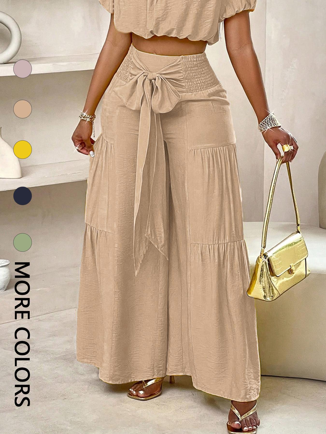 Women's Solid Color Flowy Wide Leg Pants, Casual Fashion Knot Front Trousers for Daily Wear, Ladies Bottoms for Summer