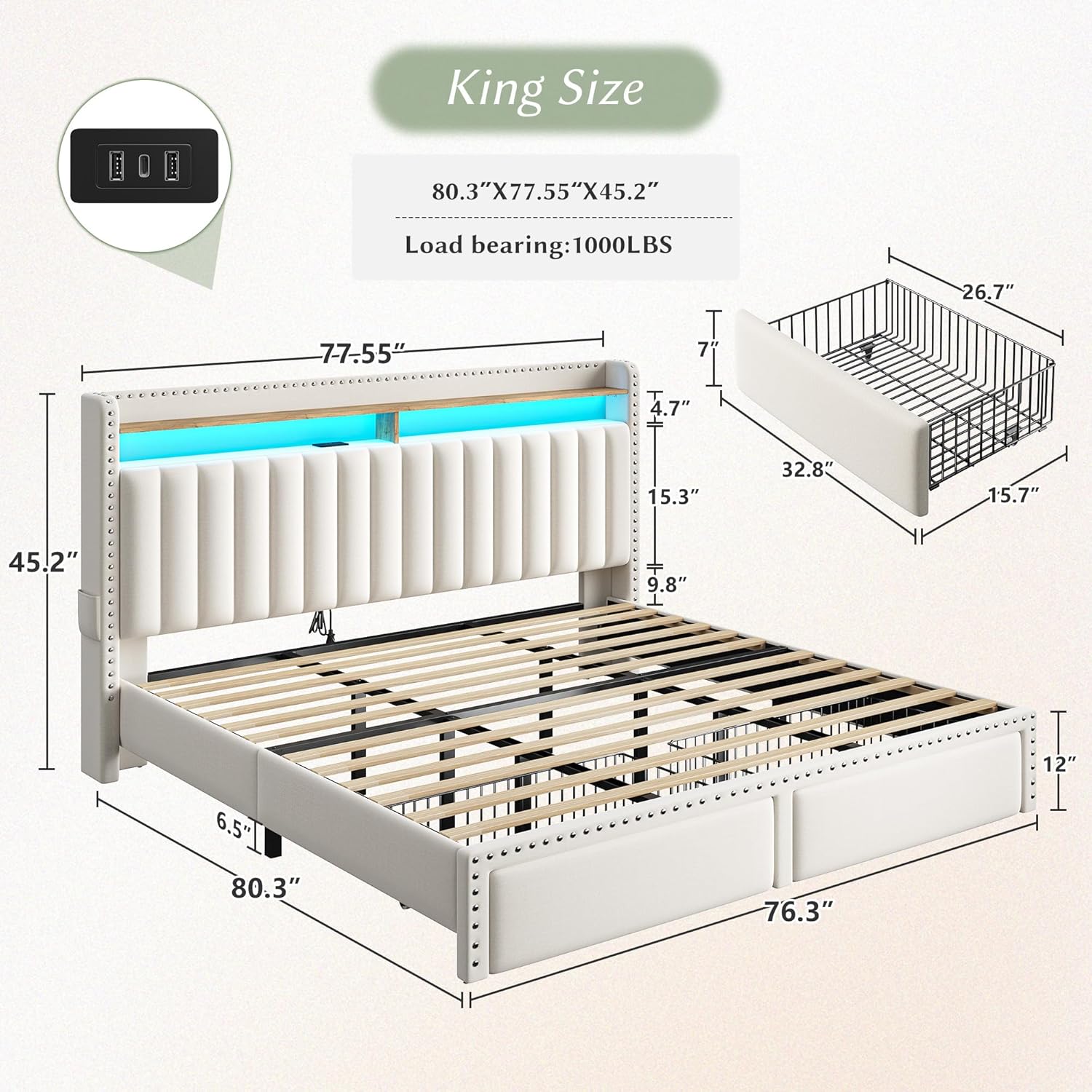 Luxury King/Queen/Full Bed Frame with Storage Shelf & 2 Drawers,NO MATTRESS, Upholstered Bed Frame with LED &Power Outlet, Holds 1000lbs, No Noise, Metal Frame & Wood Slats