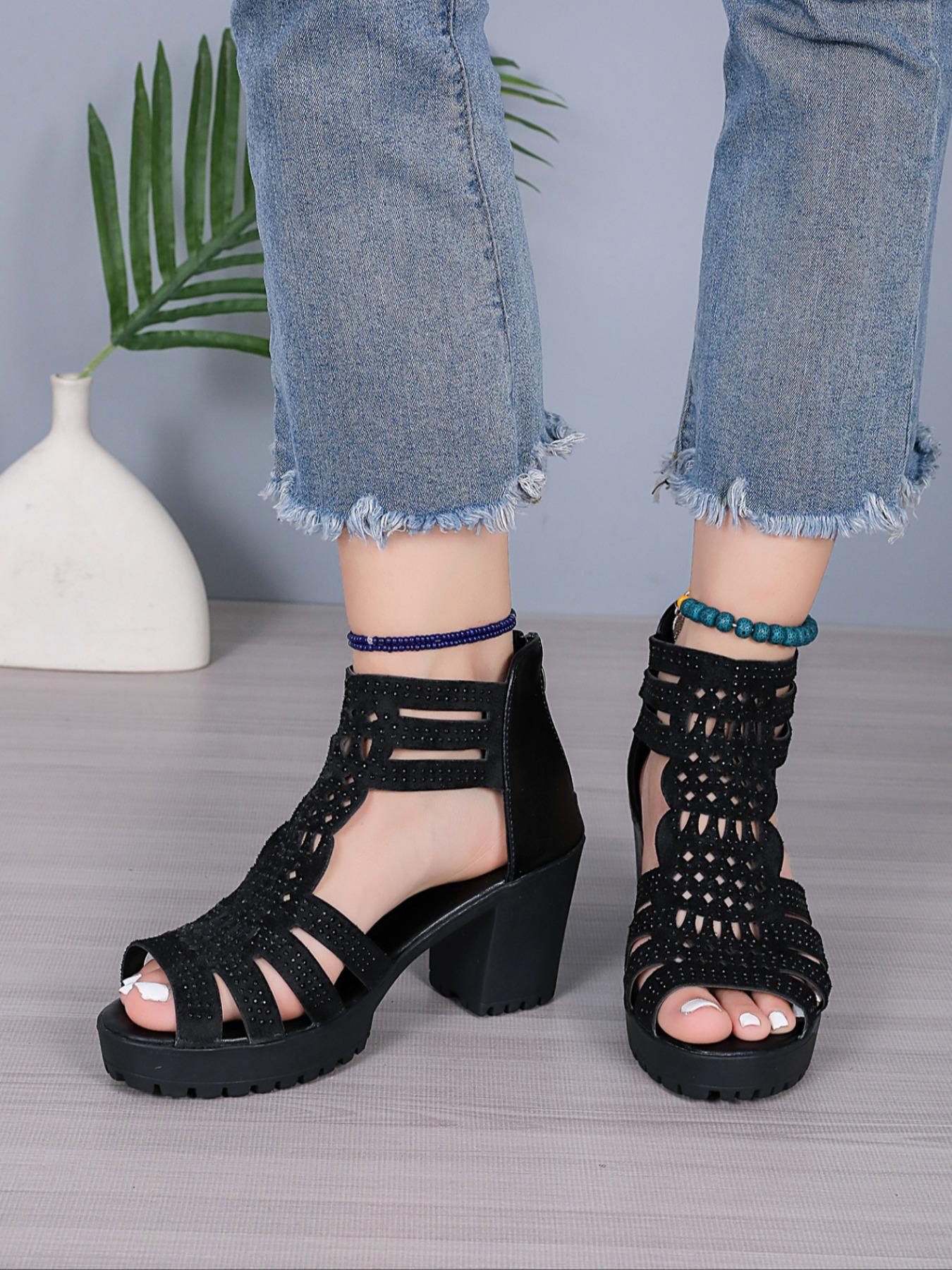 Women's Fashionable Hollow Out Design Chunky Heeled Sandals, High Heeled Sandals, Casual Comfortable Sandals for Daily Wear, Trendy All-match Shoes for Daily Wear, Girl