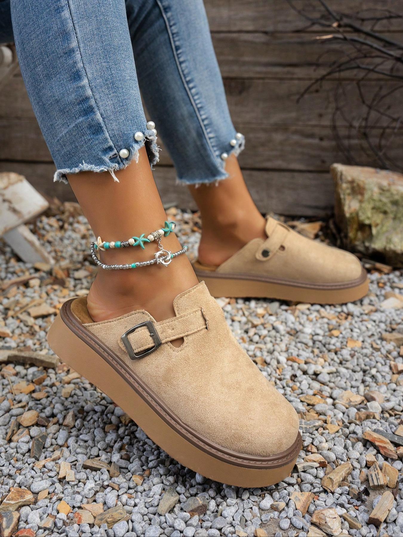 Women's Multi-Color Velvet Slip-On Shoes, Elegant Comfortable Large Size Single Button Design, Casual Fashion Slippers for Spring & Fall, Slip On Platform