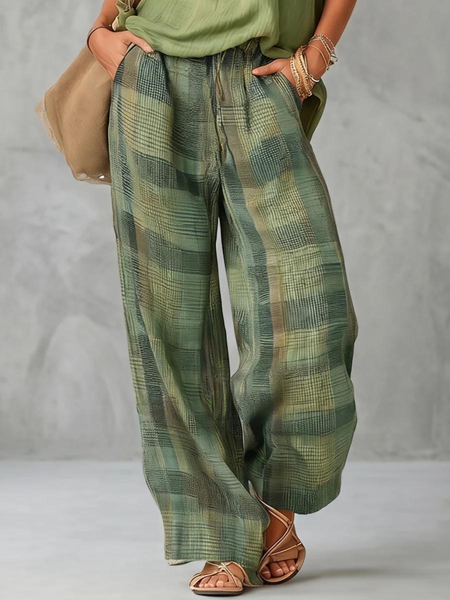 Women's High-Waisted Loose-Fit Contrast Color Plaid Pockets Polyester Bottoms, Casual Wear Pants, Trousers