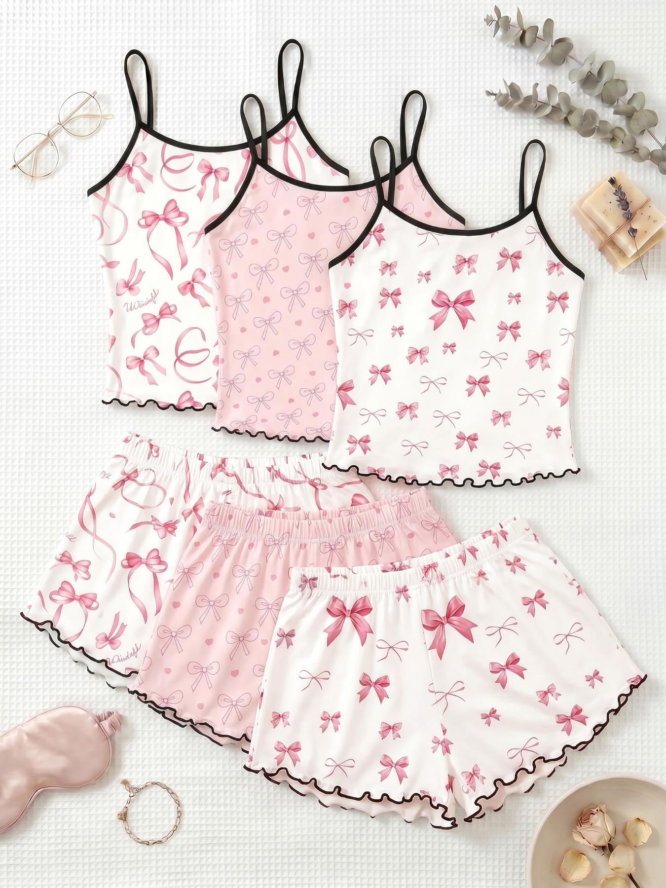 Cherry Print Halter Short Pajamas Set, Trim Ruffle Design, Sweet Cool Girl Style, Breathable Home Sleepwear, 3-Piece Combo