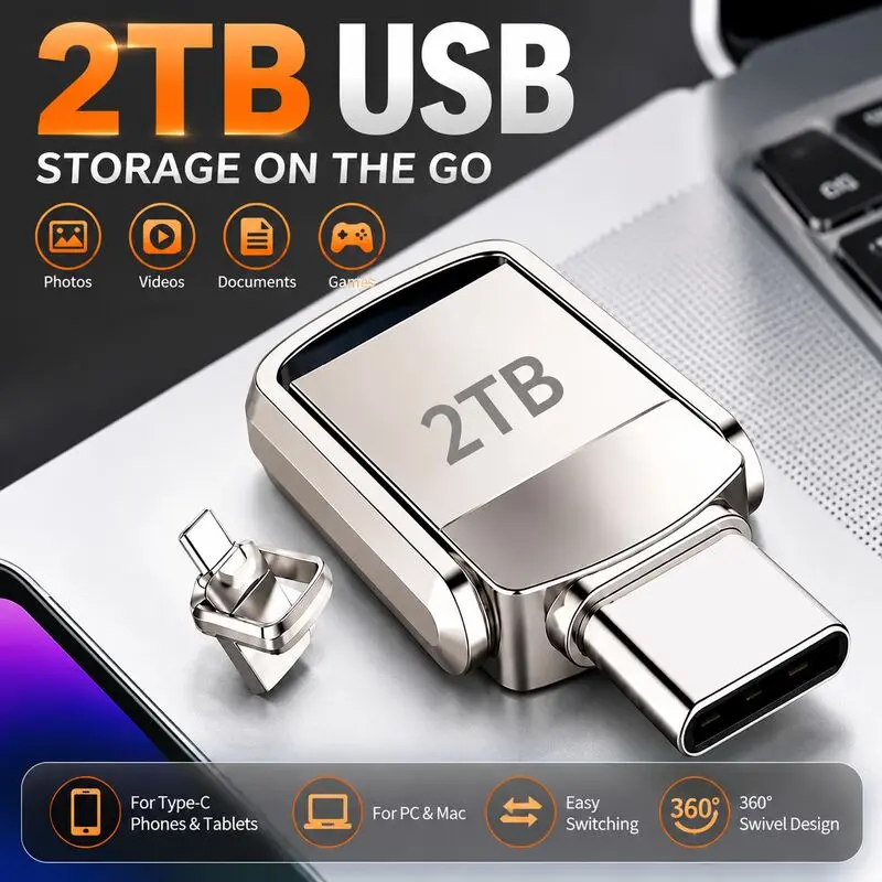2TB USB Flash Drive with USB-C and USB-A Dual Interface, 360° Swivel Metal Memory Stick, Portable Data Storage for Photos, Videos, Music and Documents, Compatible with Type-C Phones, Tablets, Laptops, PCs, Macs and TVs