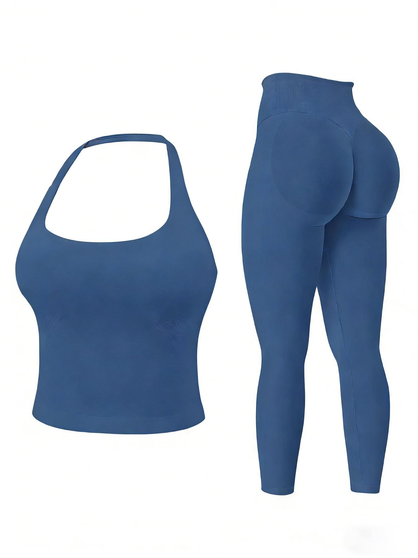 Two-Piece Set Women's Solid Seamless Crop Tank Top & High Waist Leggings Tracksuit Set Gym Sets, Sporty Casual Breathable Comfortable Outfits for Yoga Gym Workout Running, Ladies Sportswear for All Seasons