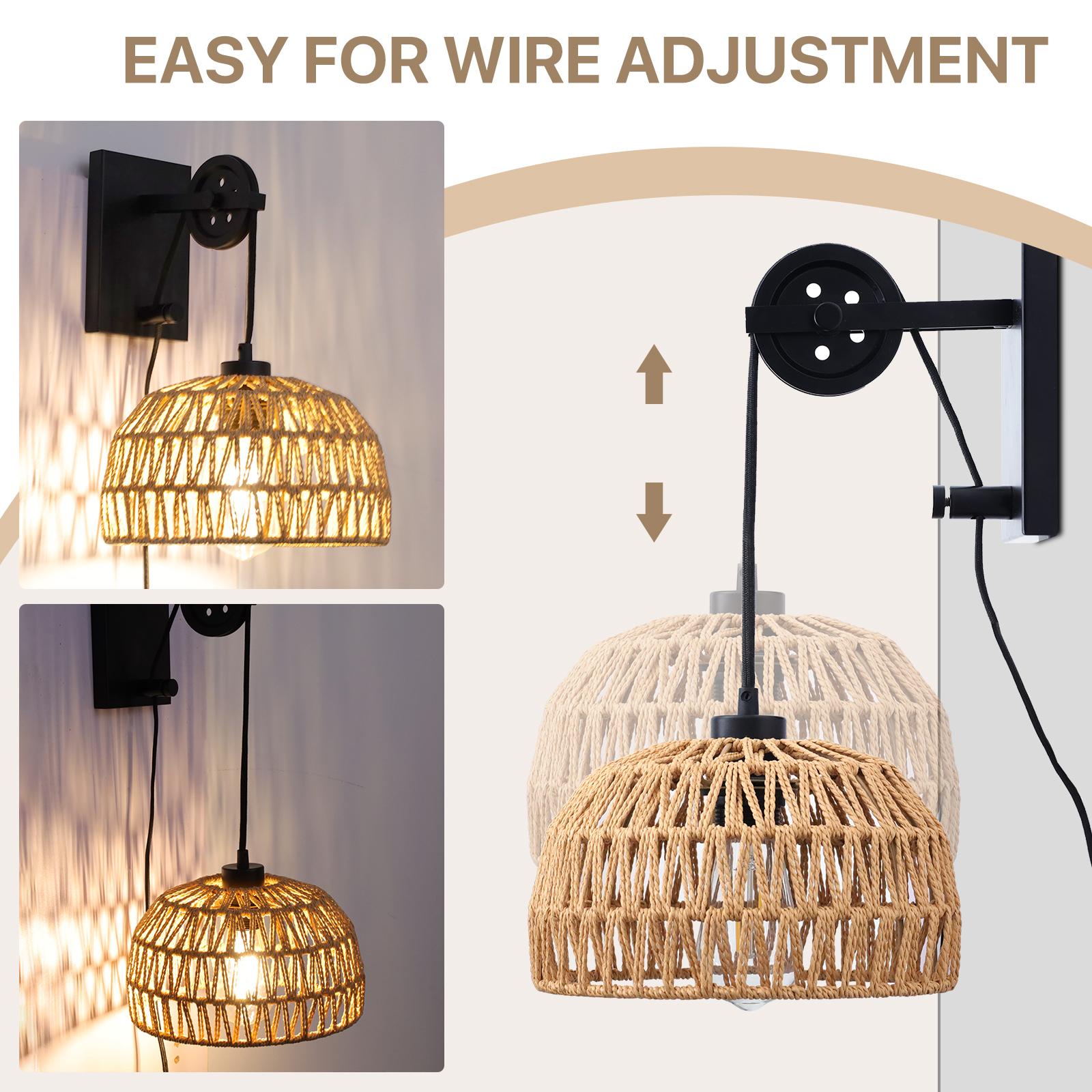 GLITGATE Boho Plug-in Wall Sconce without Bulbs for Livingroom,Hand-woven Rattan Wall Lamp With Adjustable Height,Wall Mounted Night Light,Bedside Wall Lamps for All E26 Bulbs for Bedroom,Living Room Decor (Bulbs Not Included)