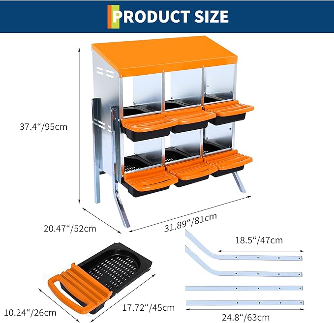 Chicken Nest Box, Rollaway Chicken Nesting Box, 2-Tiers Large Mental Hen Roll-Off Layer Box with Extra Large Openings, Resting Platform, Waterproof Sloped Roof, Easy Clean Removable Tray
