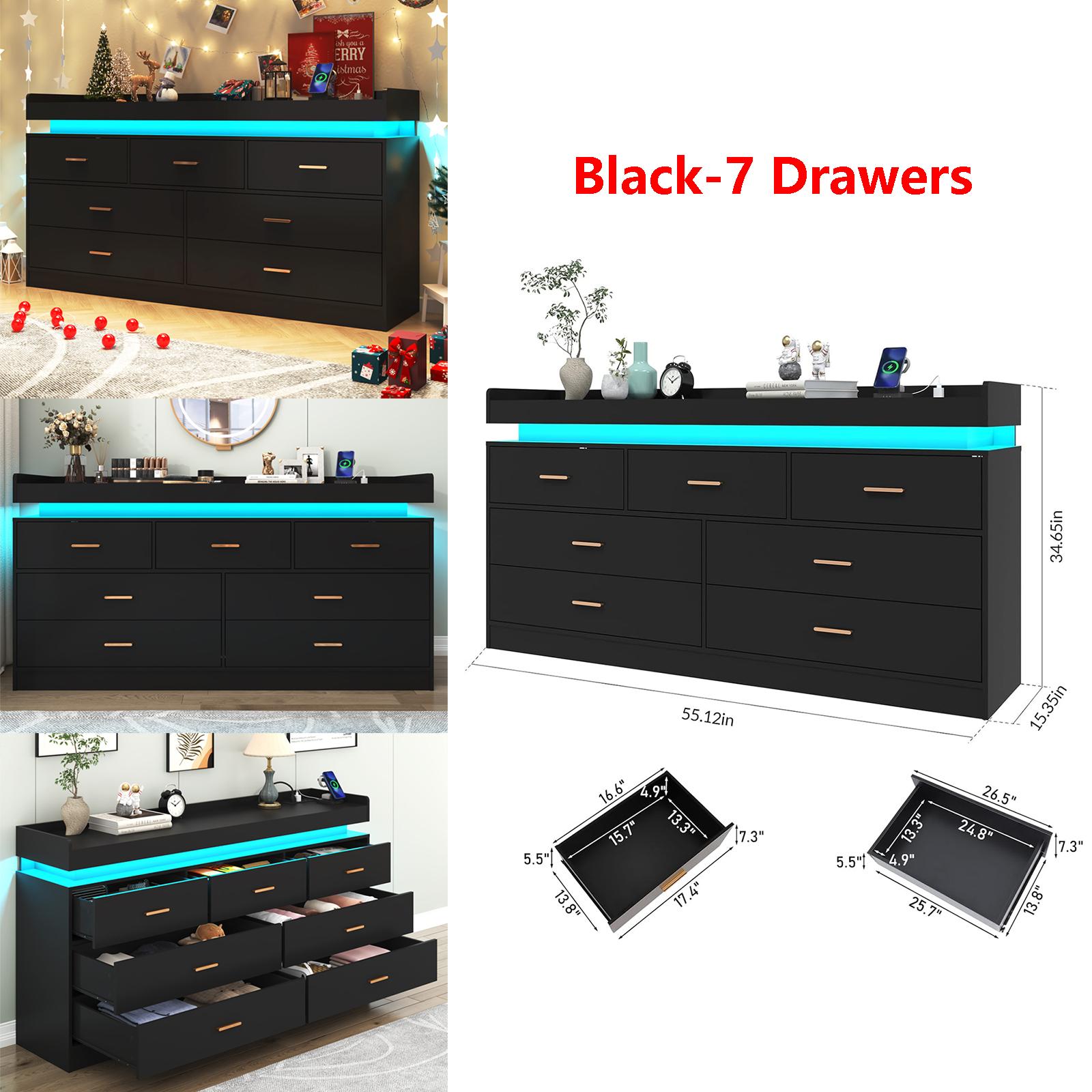 Dresser with LED Light, Modern Chest of Drawers for Closet, Wide Drawer Organizer Cabinet for Bedroom, Living Room, Entryway, Hallway, White/Black