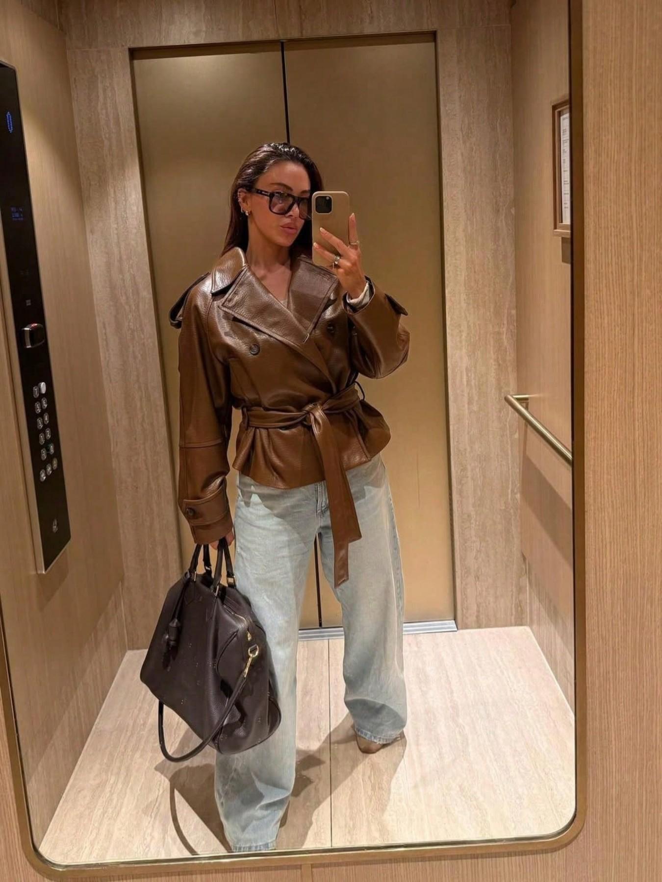 Meadow Style Vintage PU Leather Jacket Women, Belted Waist Turn-Down Collar, French Retro Double Button, Loose Fit Short Coat