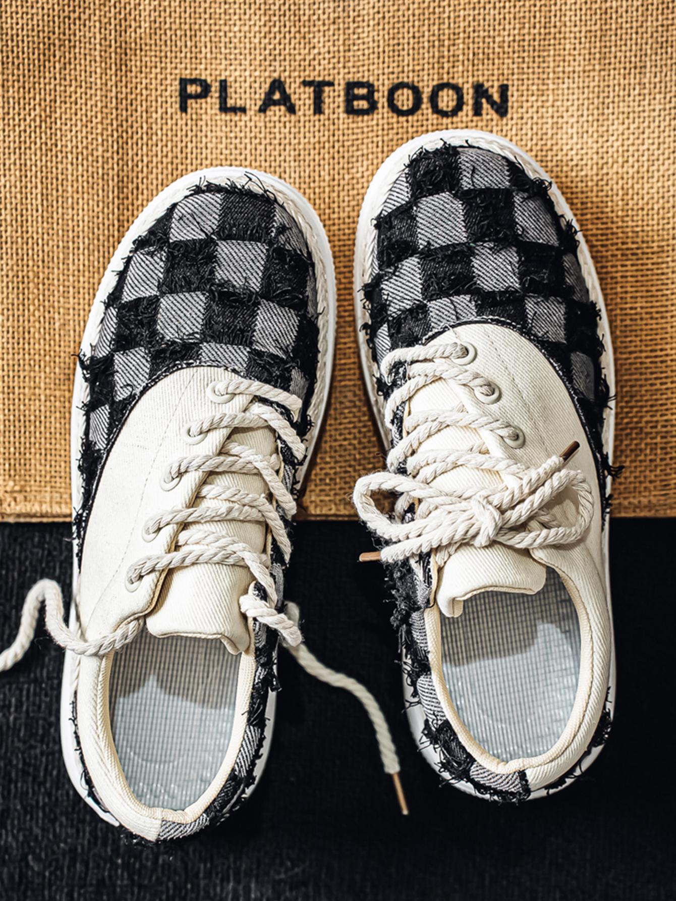 Summer New Men's Plaid Patchwork Hemp Rope Laces, Vintage Straw Trim Soft Elastic Thick Sole, Casual Checkered Shoes for Commute and Streetwear