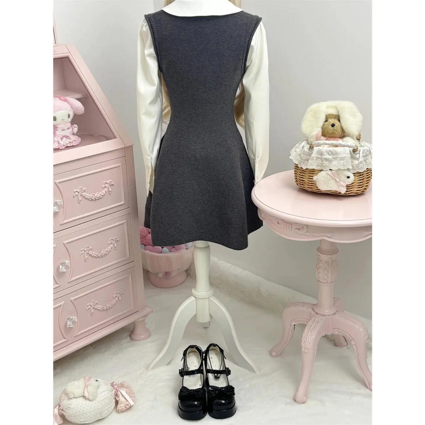 Winter Knit Preppy Style Sweet Elegant 2 Piece Sets Women V-neck Casual Mini Dress + Bow Chic Blouse Female Korea Style Clothes