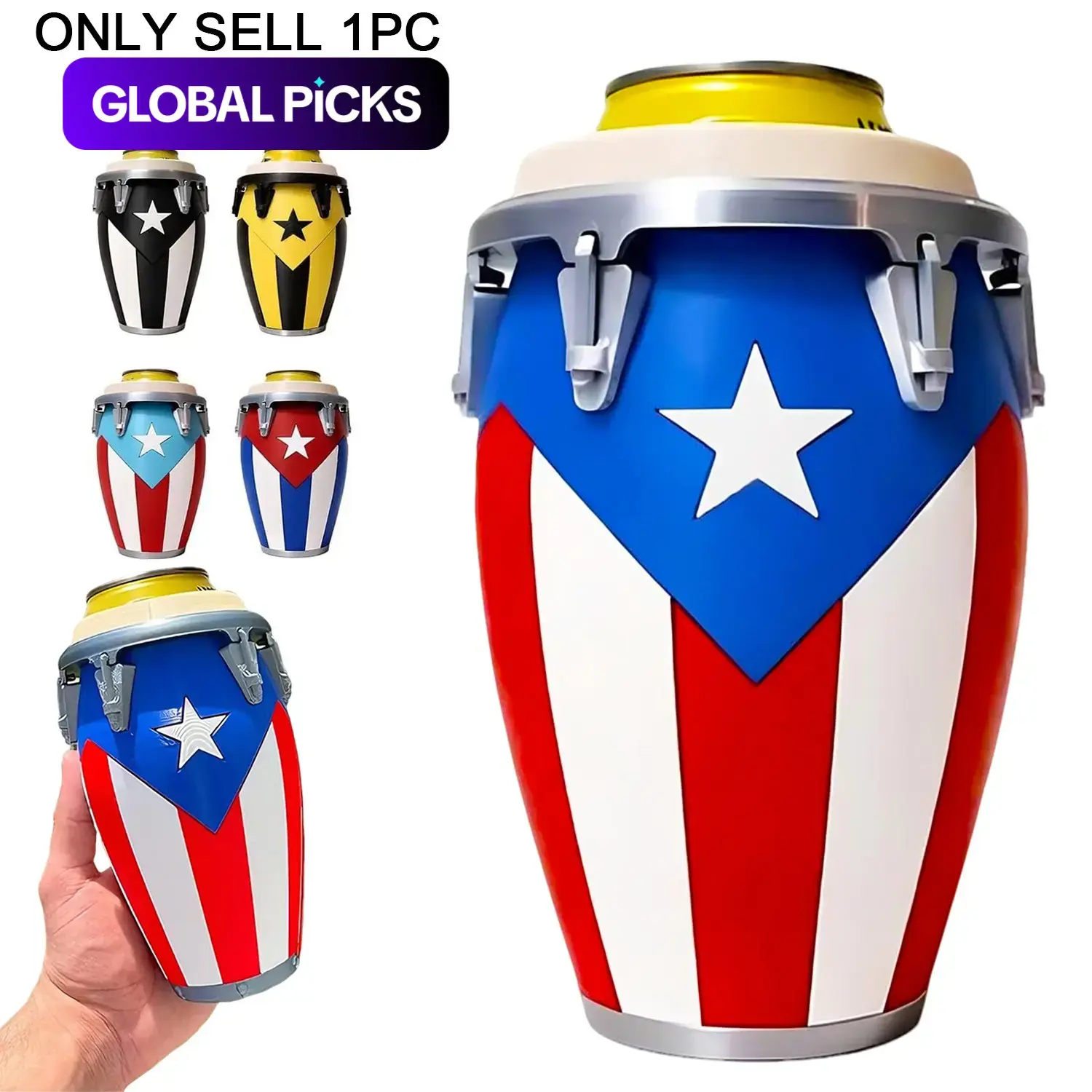 Conga Style Can Holder, 3D Printed Puerto Rico Conga Drum Can Cooler, Puerto Rican Flag Insulated Beer Can Holder, Portable Beverage Carrier, Cold Beverage Holder, Drink Holders, 12oz Can Drink Cooler for Latin Party, Festival, BBQ, Puerto Rico Gift
