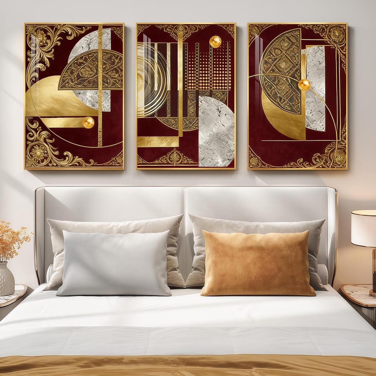 3 Counts Aluminum Alloy Framed Painting, Abstract Geometric Gold And Burgundy Art, Home Decoration For Living Room, Bedroom, Office, Restaurant, Hallway Wall Decor, Odorless Print Artwork, Luxury Perfect Gift For Friends And Family