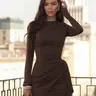 Women's Fashion Chic Plain Fawn Brown Basic Minimalist Ruched Long Sleeve Fitted Dress, Womenswear, Comfortable Elegant Spring & Fall, Perfect for Daily Wear, Formal Wear, Evening Formal, Parties, Vacation, Evening Event Clothing