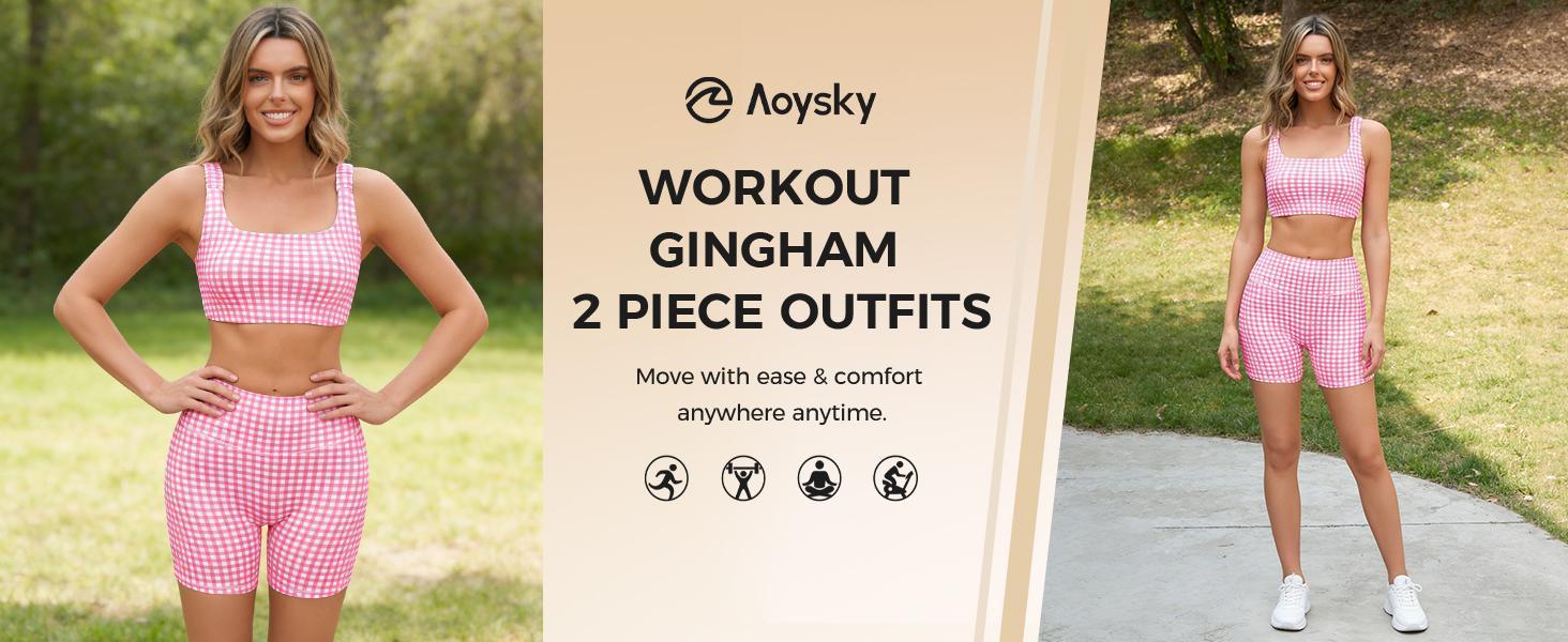 Aoysky Women's 2-Piece Sporty Chic Gingham Gym Set - Padded Open Back Crop Tank Top & High Waist Seamless Sports Shorts, Stretchy Athleisure Suit for Yoga (S-XXL) - Summer, Beach Vacation Outfits, Women's Bathing Suit Set, Workout Equipment