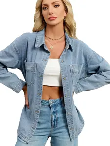 Women's Loose Fit Denim Shirt Jacket, European Style Drop Shoulder Sleeve, Single Button Multi-Pocket Casual Outerwear, Fashionable Ladies' Coat