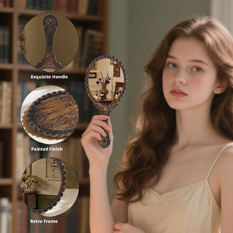 Retro distressed handle makeup mirror, vintage European style portable vanity mirror, high-definition round handheld mirror, vintage design, suitable for makeup, skincare, travel, and home decoration
