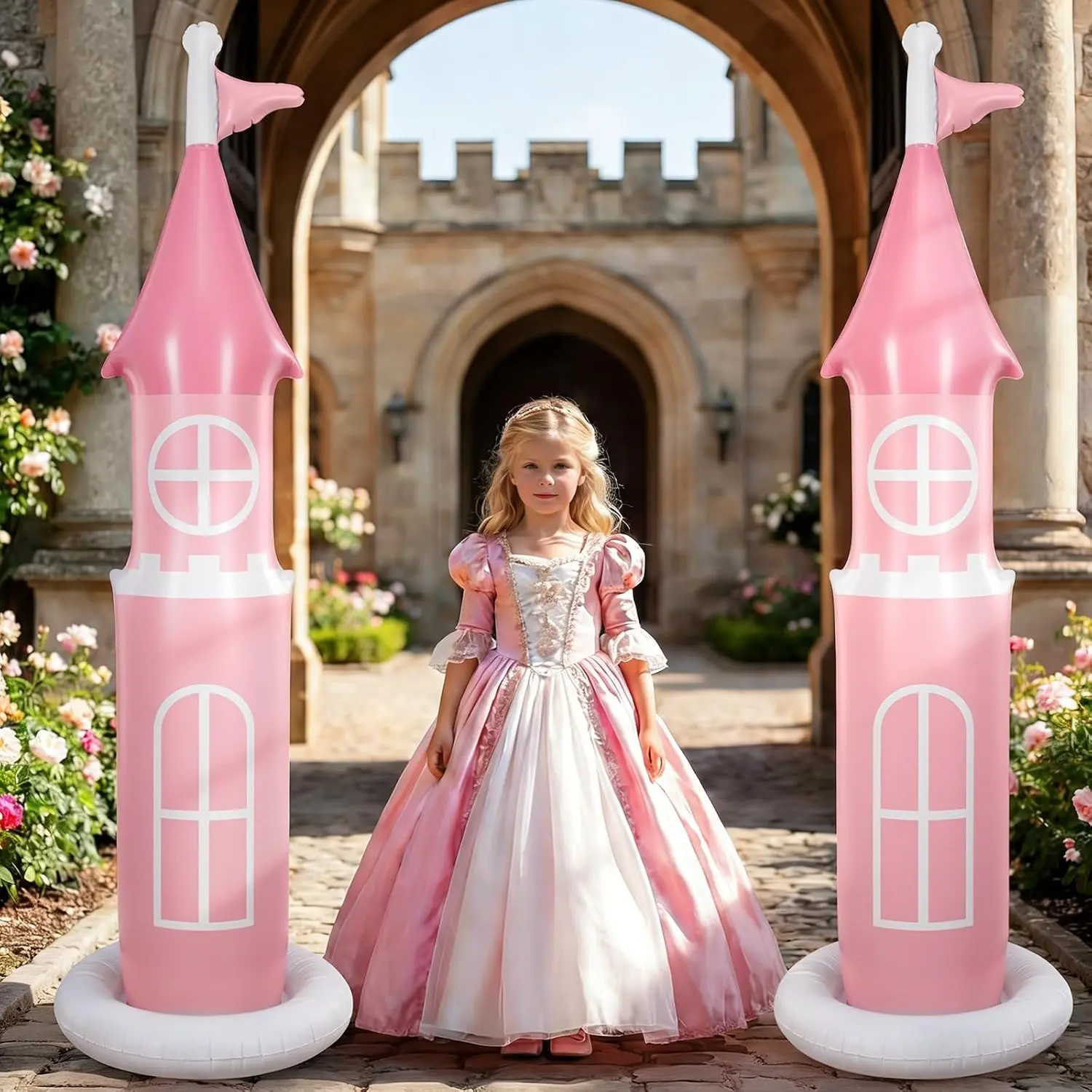 2 Pack Pink Inflatable Castle Backdrop | 6.2 FT Tall Blow Up Princess Party Decoration for Indoor Outdoor, Reusable Birthday Party Supplies