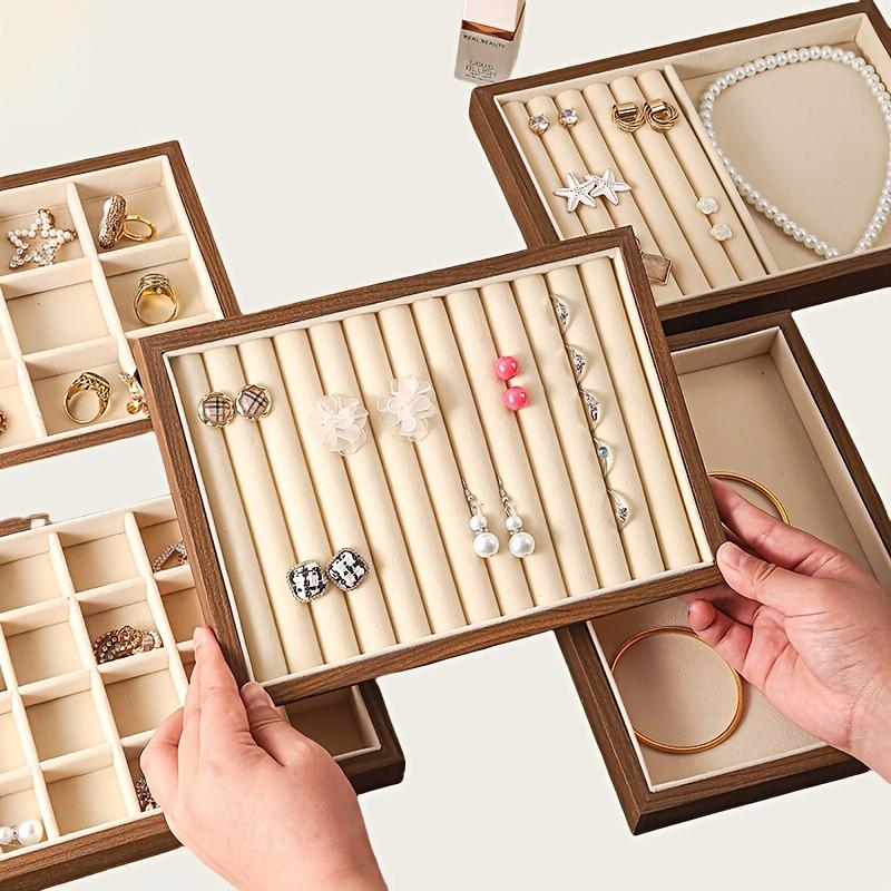 Walnut Wood Jewelry Storage Tray, Multi-Compartment Ring Earring Display, Large Capacity, Luxury Square Design, No Jewels Included