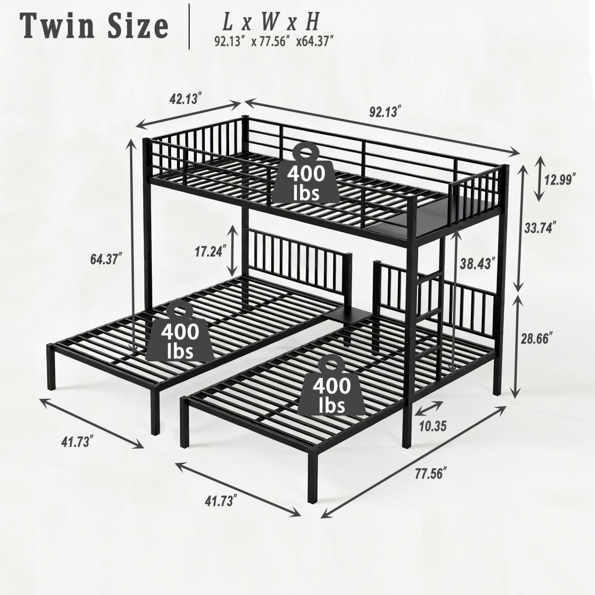 [Bellemave] Twin Size Triple Bunk Bed, Separates Into 3 Twin Beds Frame, Noise Reduced Structure, Easy Assembly, Black