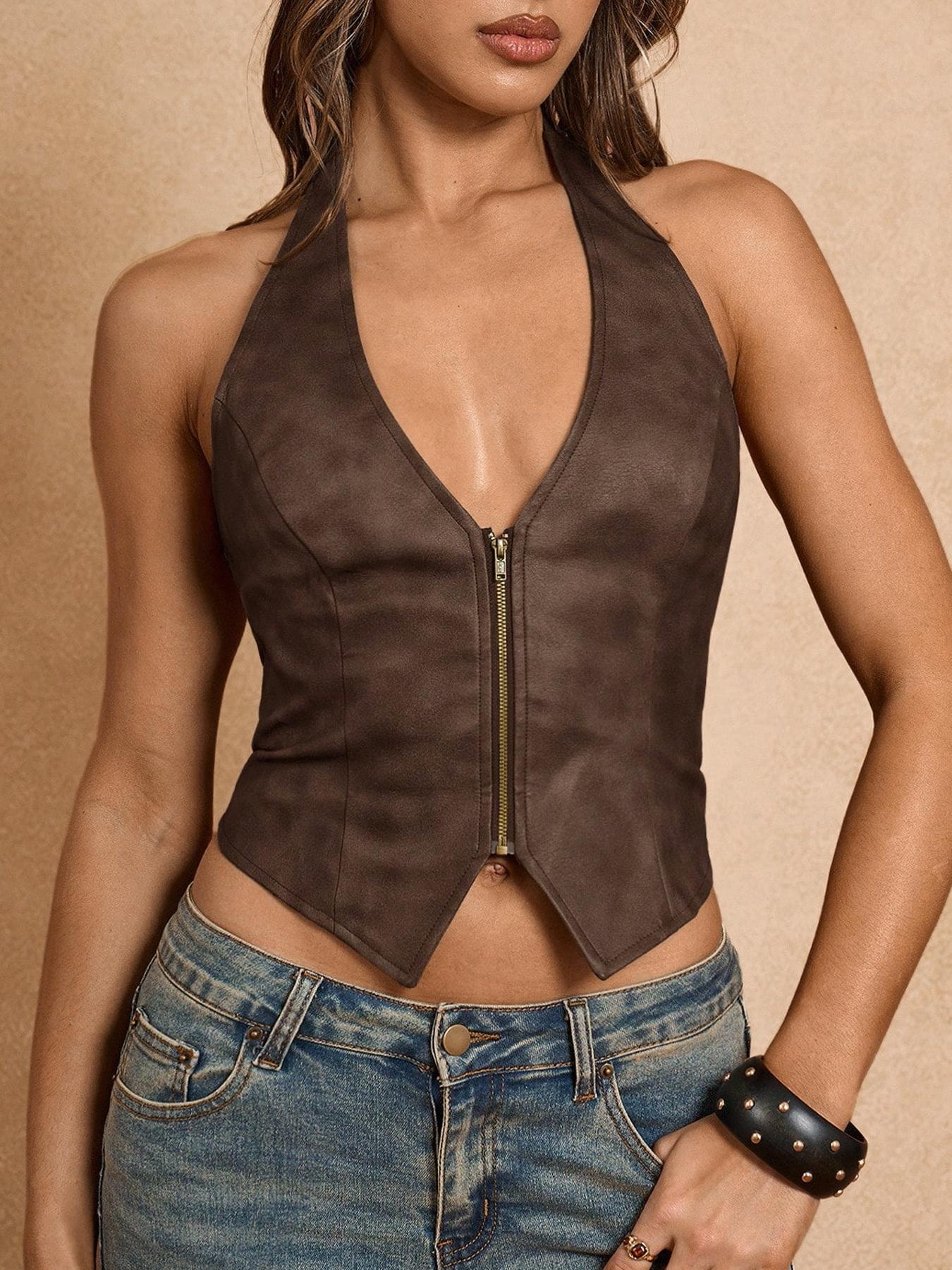 Women's Backless Waist Cinched Sleeveless Vest, Summer Fashion, PU Material, Fitting, Plain Pattern, Casual Wear