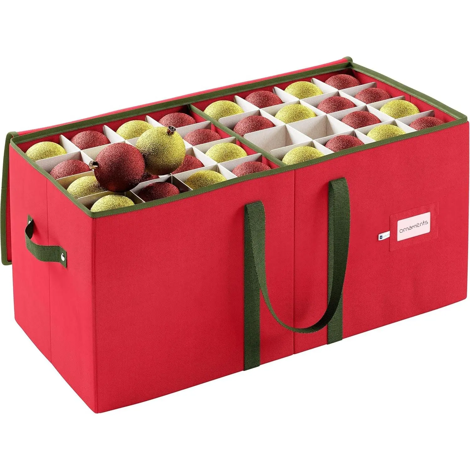 Red Christmas Ornament Storage Box with Compartment Dividers and Handles - Fits 128 Ornaments