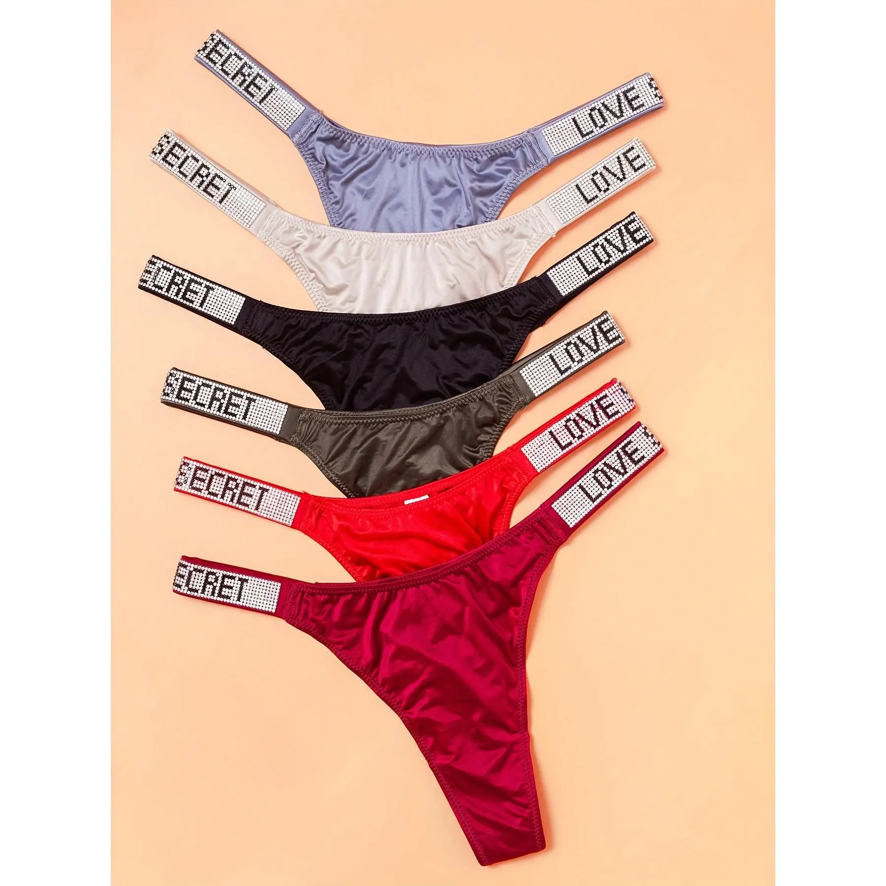 Women's 4-Pack Rhinestone Letter Thongs - Low Waist Solid Color Nylon Cotton Panties, Comfortable Drop Waist Knickers, Fashion Lingerie (Random Colors)