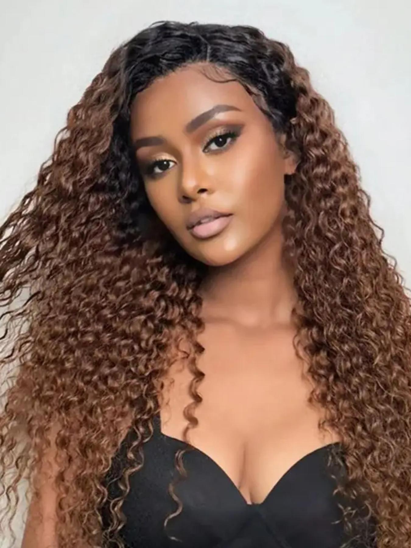 Soft Non-Glue Pre-Banked 26 Inch Long 180 Density Daily Gradient Curly Wig, Ombre Brown 13x4x1 Lace Front Full Cap, Heat Resistant, Glueless Synthetic Wig