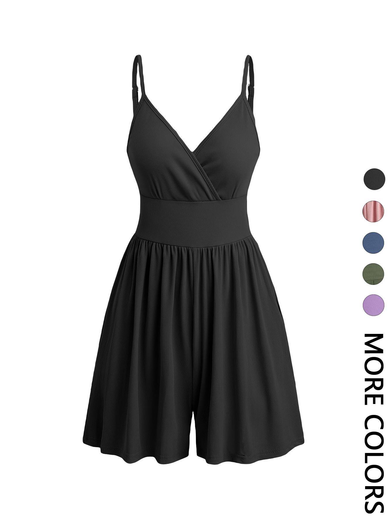 Women's Knitted Plain Backless Wrap Fitted Cami Romper, Casual Chic Adjustable Spaghetti Strap Wide Leg Romper, Summer Outfits 2024, Ladies Clothes for Daily Wear, Jumpsuit