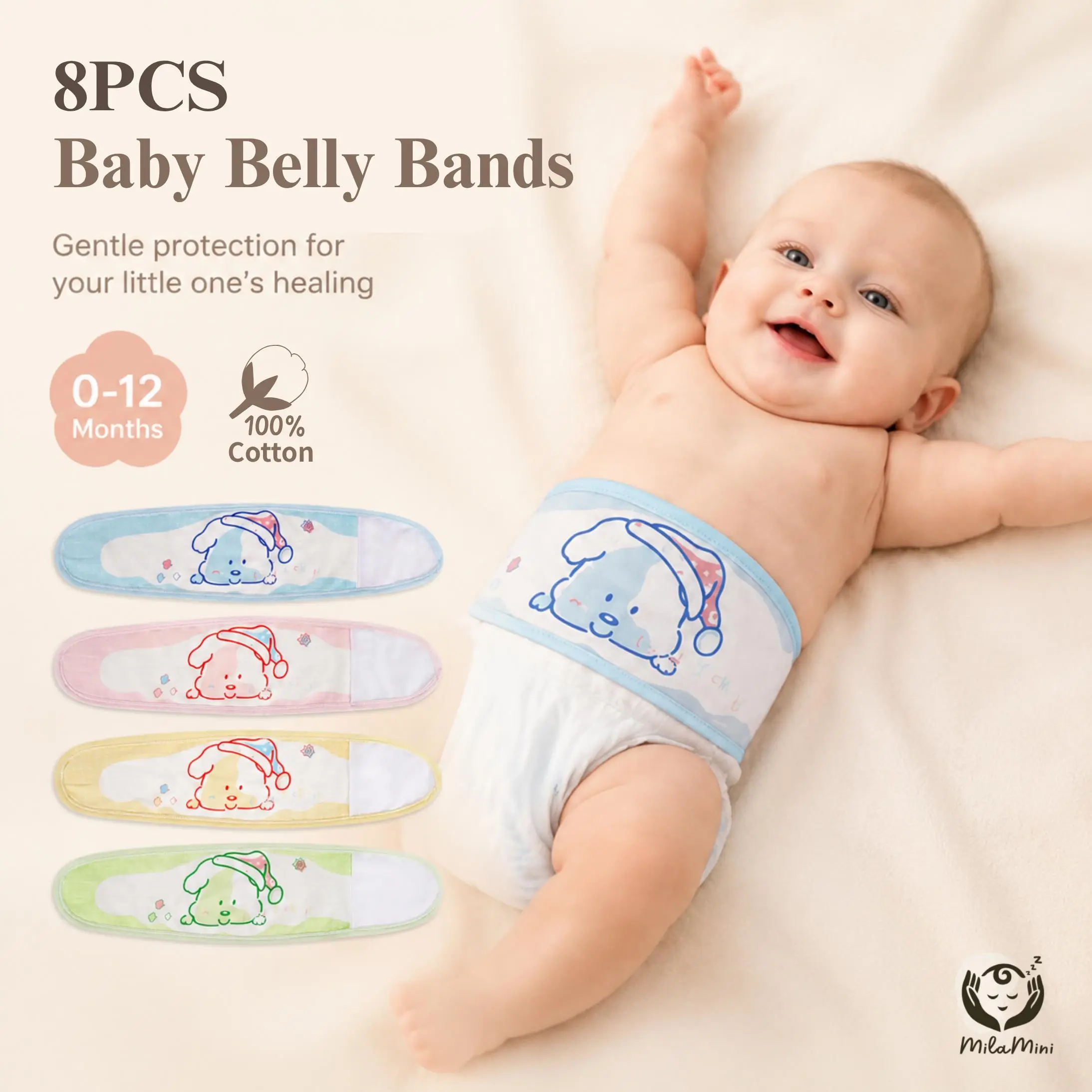 Milamini 8 Pack Baby Belly Button Bands – Soft Cotton Umbilical Cord Wraps with Cute Cartoon Patterns, Breathable Infant Belly Bands for Newborns 0–12 Months, Baby Essentials