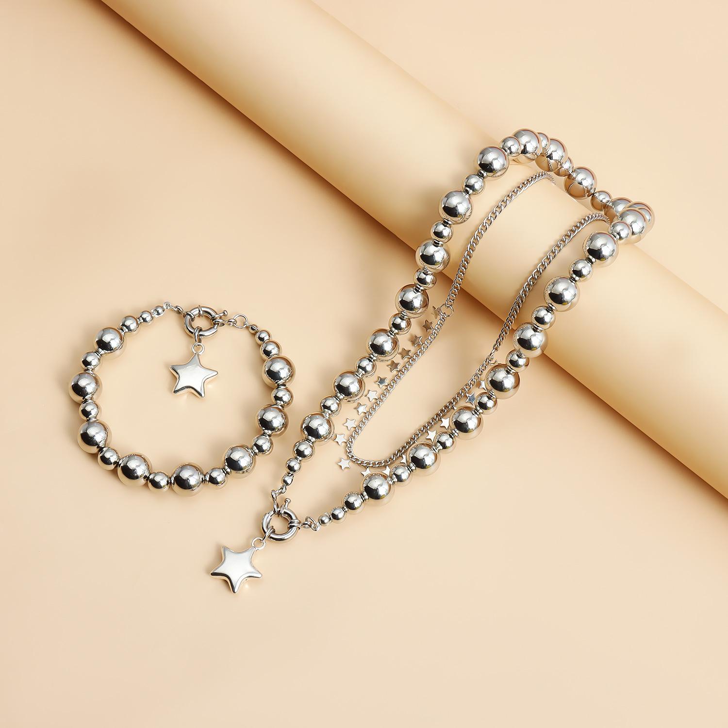 Pentagram Star Pendant Necklace & Bracelet Set |   Metal Texture |   Detachable Layered Jewelry for Women