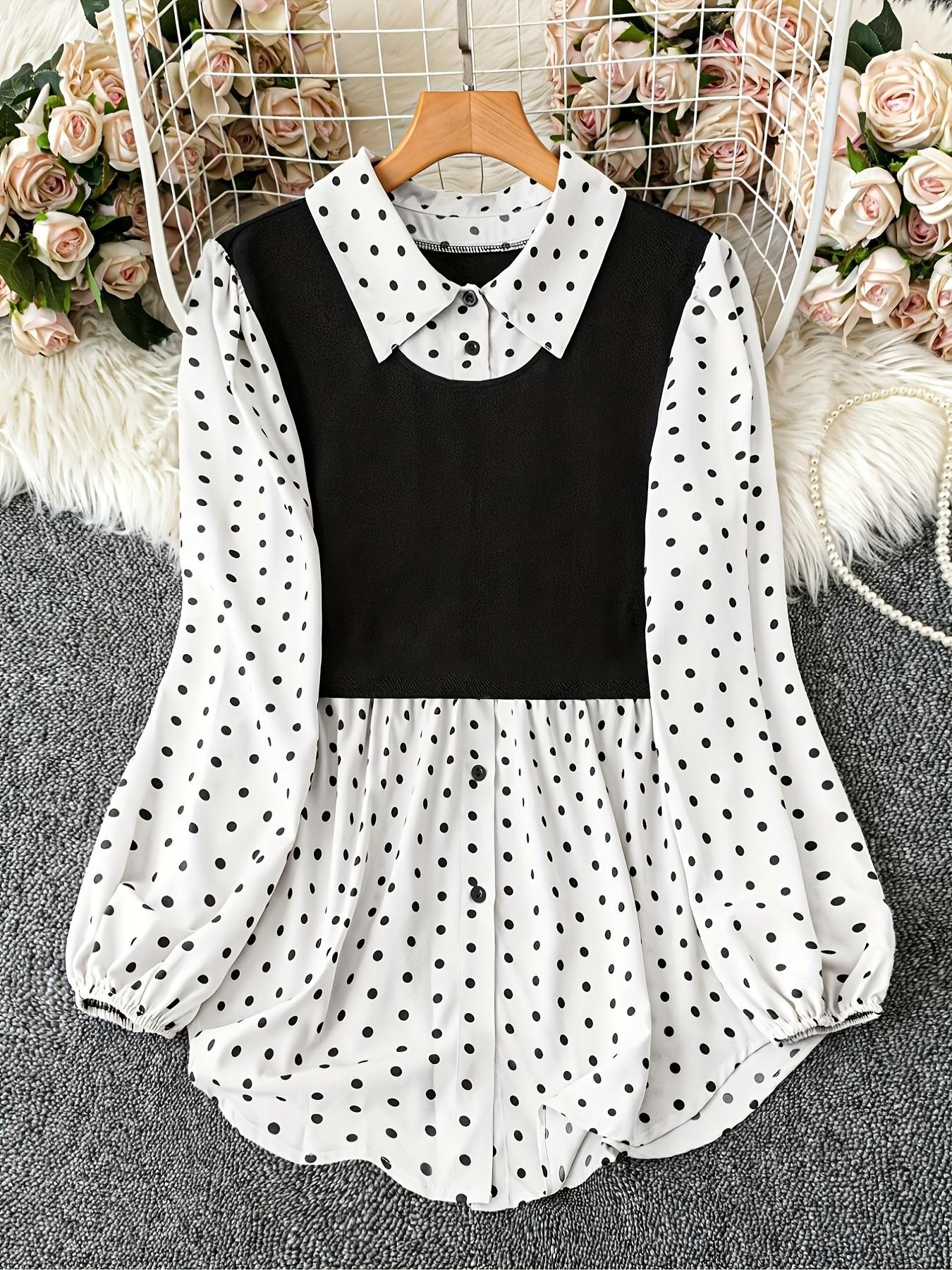 Plus Size Women's Polka Dot Blouse, Fitted Long Sleeve Casual Top for Fall, Comfortable Daily Wear for Holiday, Casual Bishop Sleeve