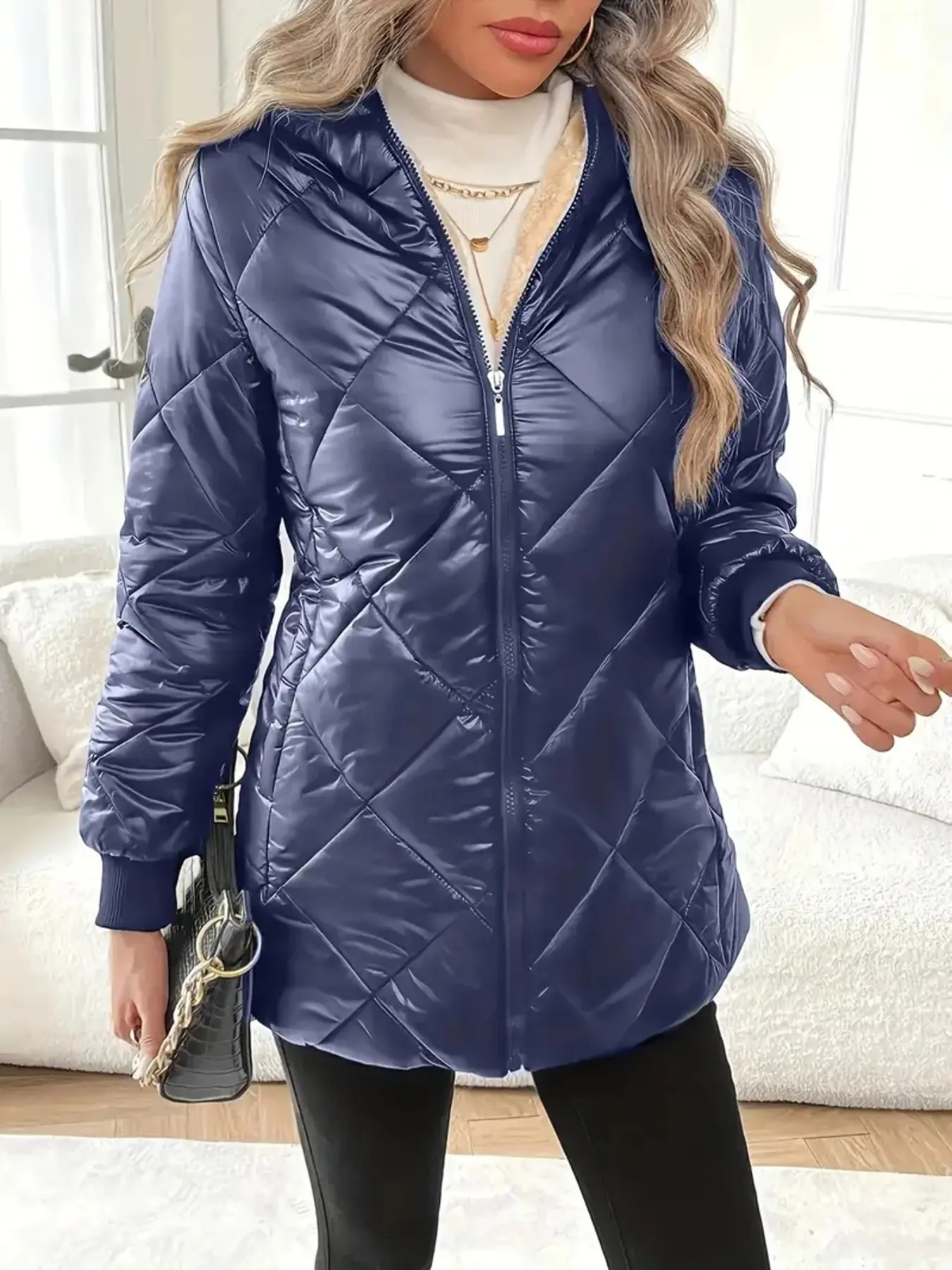Women's Winter Cotton Coat, Mid-Length Polyester Jacket, Faux Fur Lining, Lightweight Warm, Casual Style for Everyday Wear