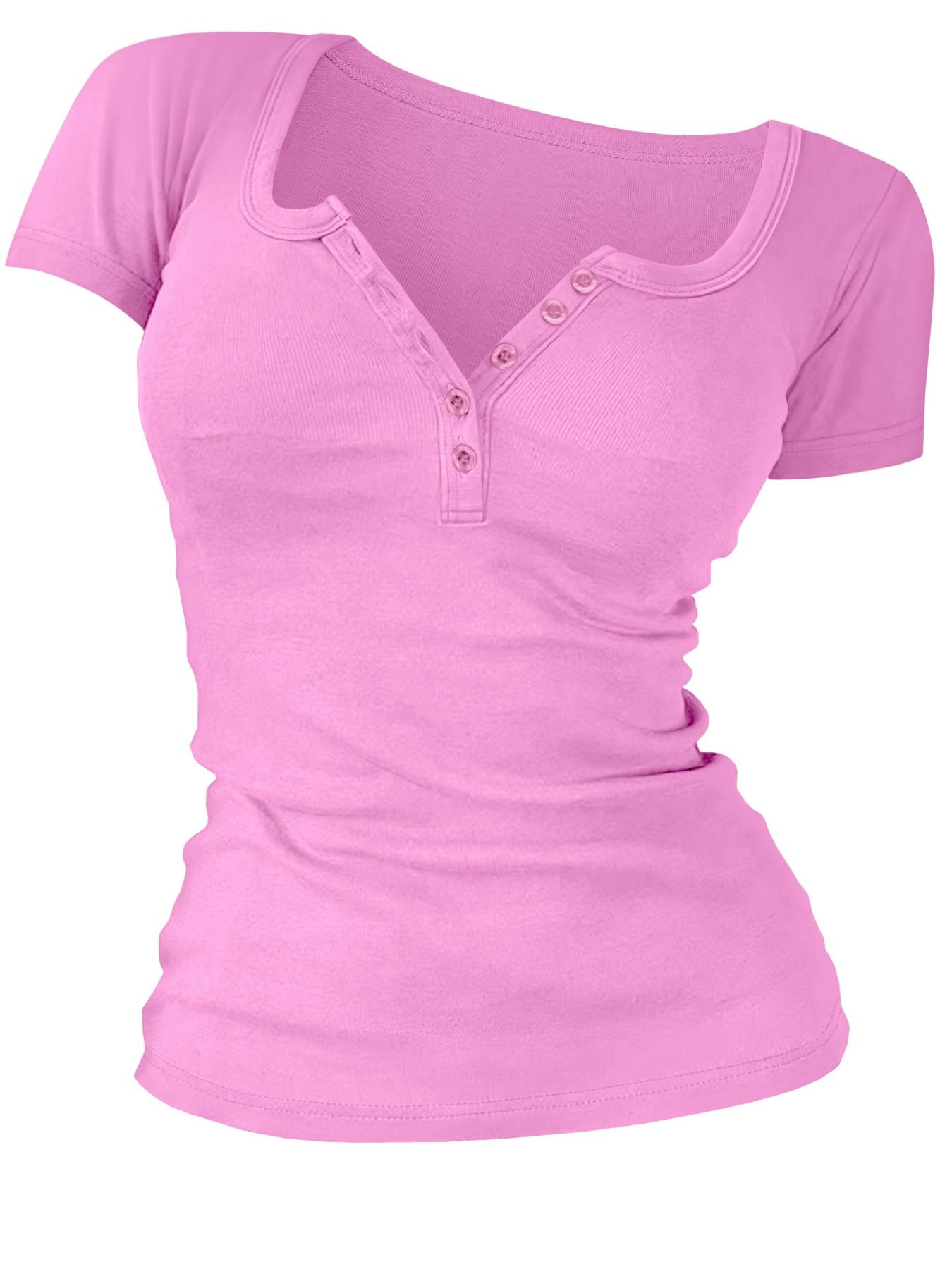 Women's Solid Color Button V-Neck Tee, Casual Short-Sleeve T-Shirt Top for Summer Daily Wear, Ladies Clothes